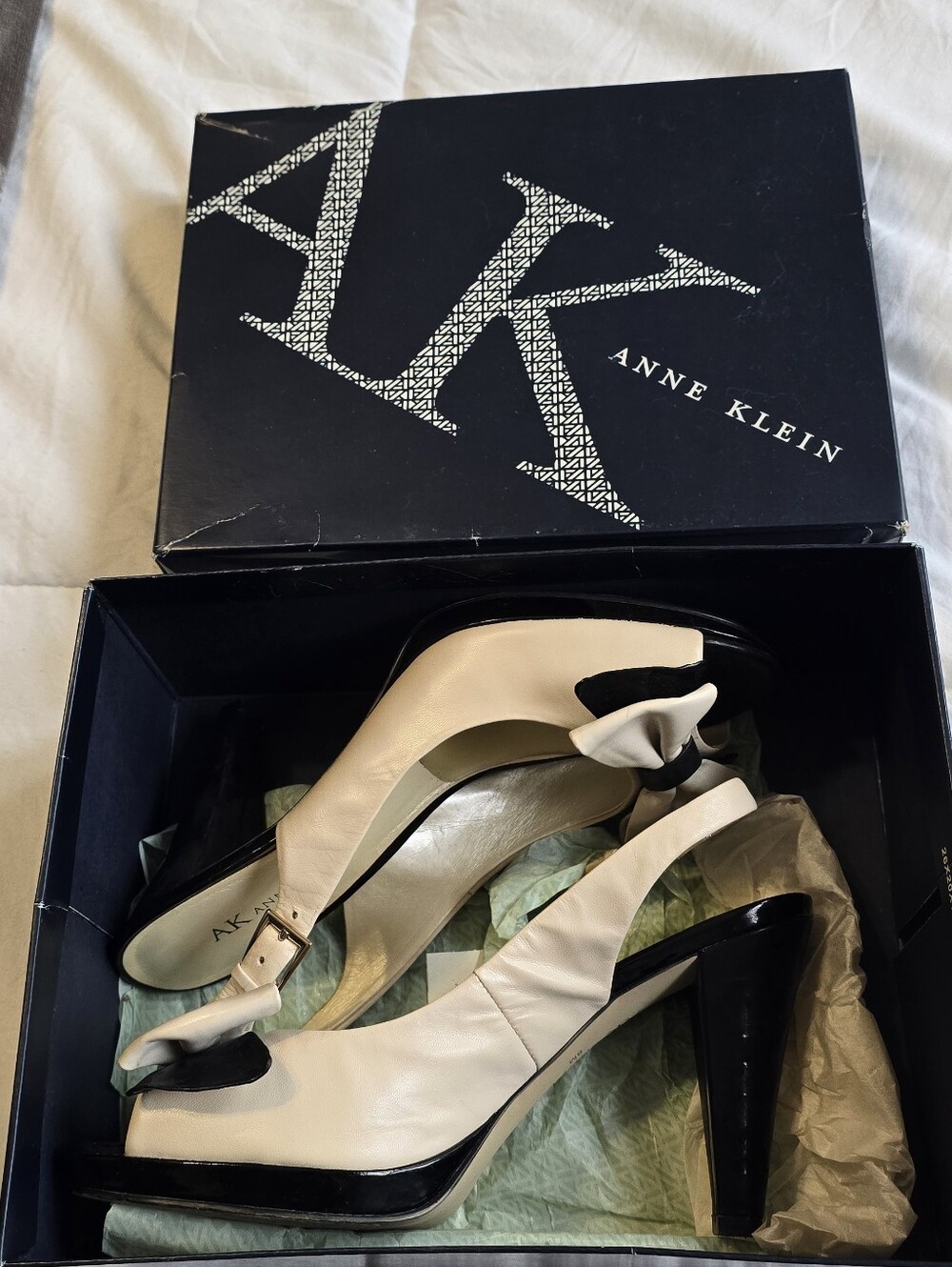 Anne Klein Cream and Black Peep-Toe Slingback Heels.  In really good condition.